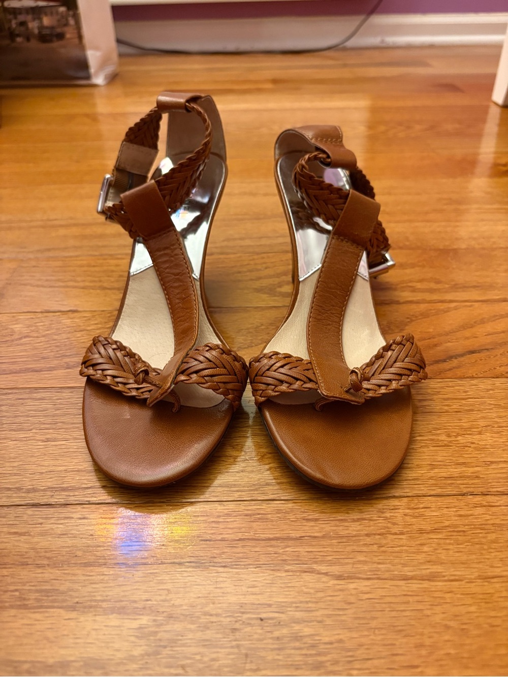 Michael Kors Woven T-Strap Brown Women's Sandals